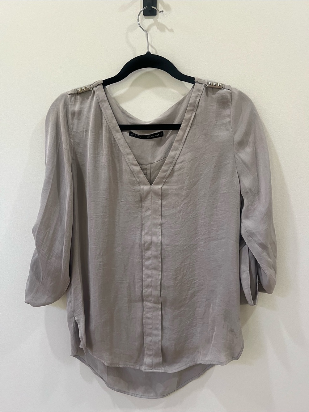 Zara Light Gray V-Neck Blouse with Shoulder Studs